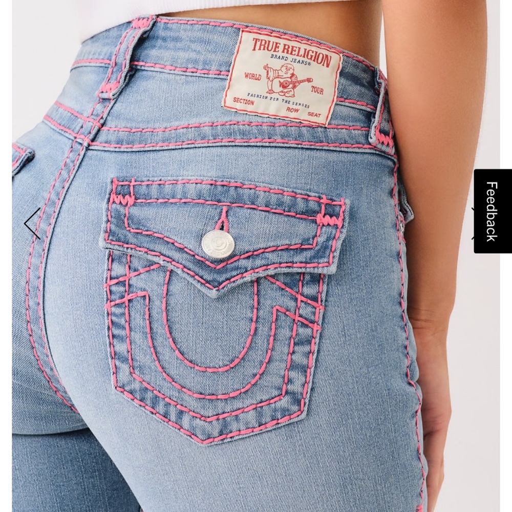 True Religion High Rise Jeans in Blue with Pink Accents